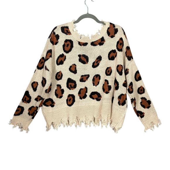 Miracle Oversized Distressed Sweater Cream w/ Brown & Black Leopard Print - Picture 2 of 7